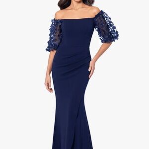 Xscape Blue Off-Shoulder Puff Sleeve Gown